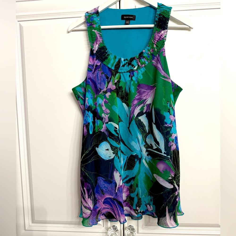 Spense Women's Sz XL Sleeveless Scoop Neck Blouse Blue Purple Green Floral Print